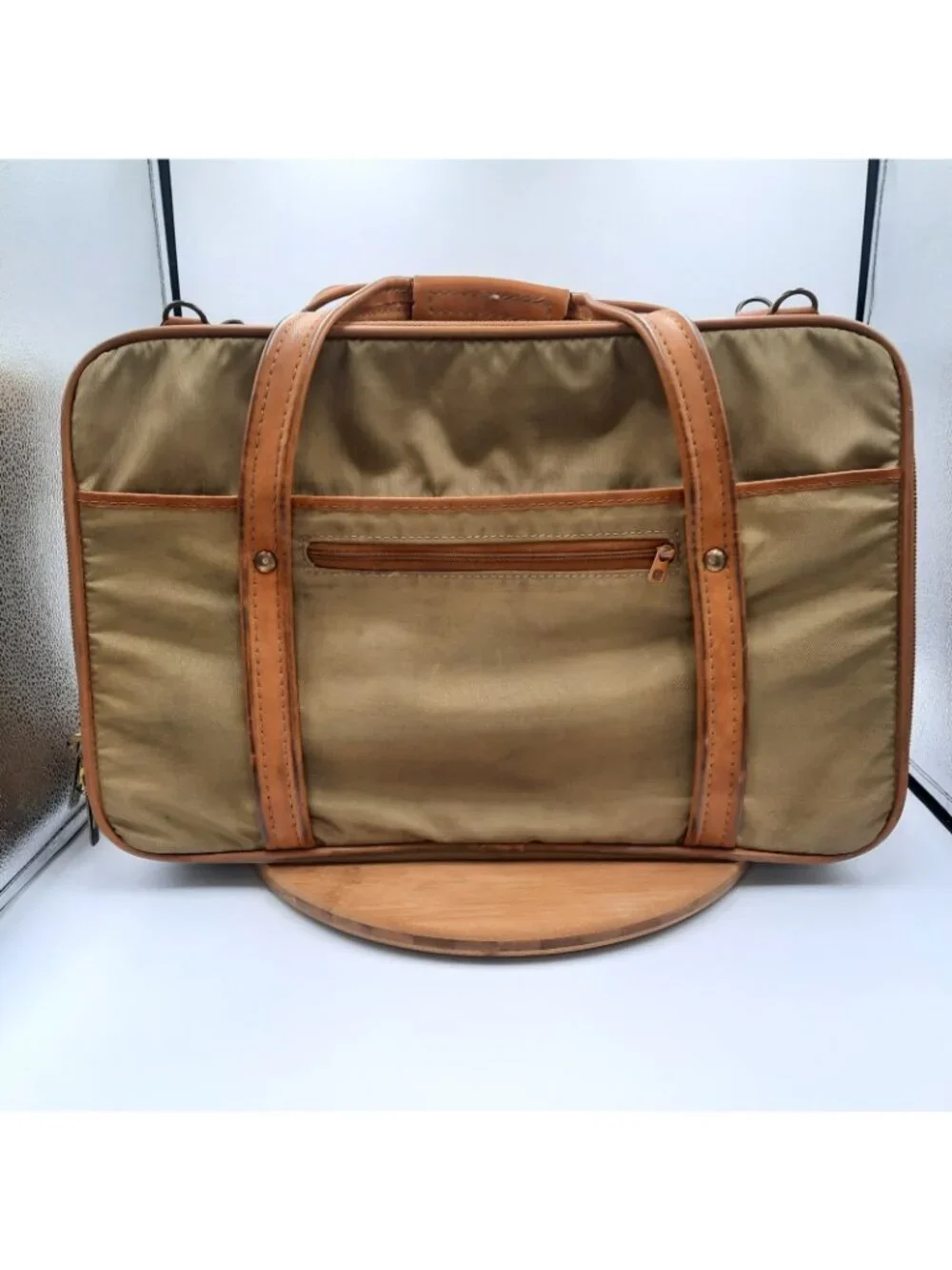 Vintage Hartmann Luggage Khaki Nylon Leather Trim Folding Zip Travel Garment Bag